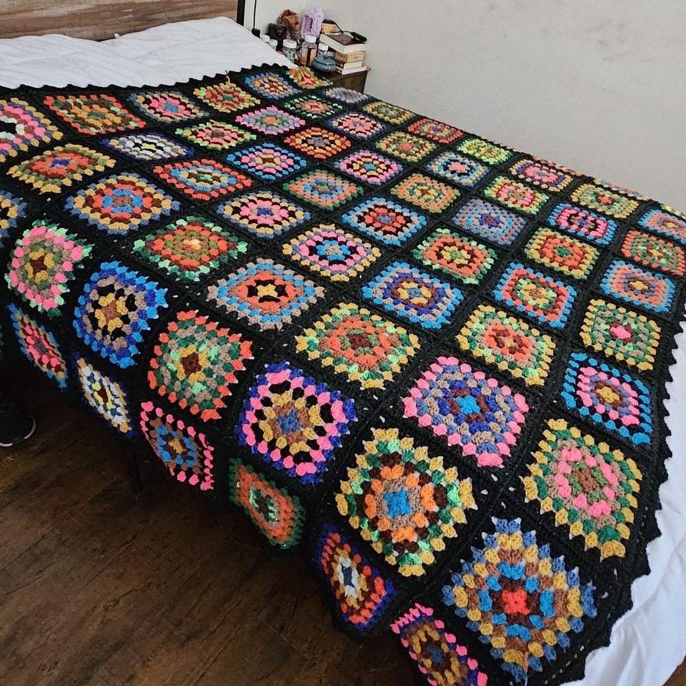 Vintage 1970s Handmade Wool Granny Square Afghan Evelyn L Cobb 67x90 Boho Throw